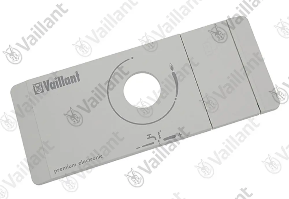 Vaillant Frontblende in hellgrauer Ausführung, rechteckig mit kreisförmigem Ausschnitt und einfachen Bedienelementen auf der Vorderseite.